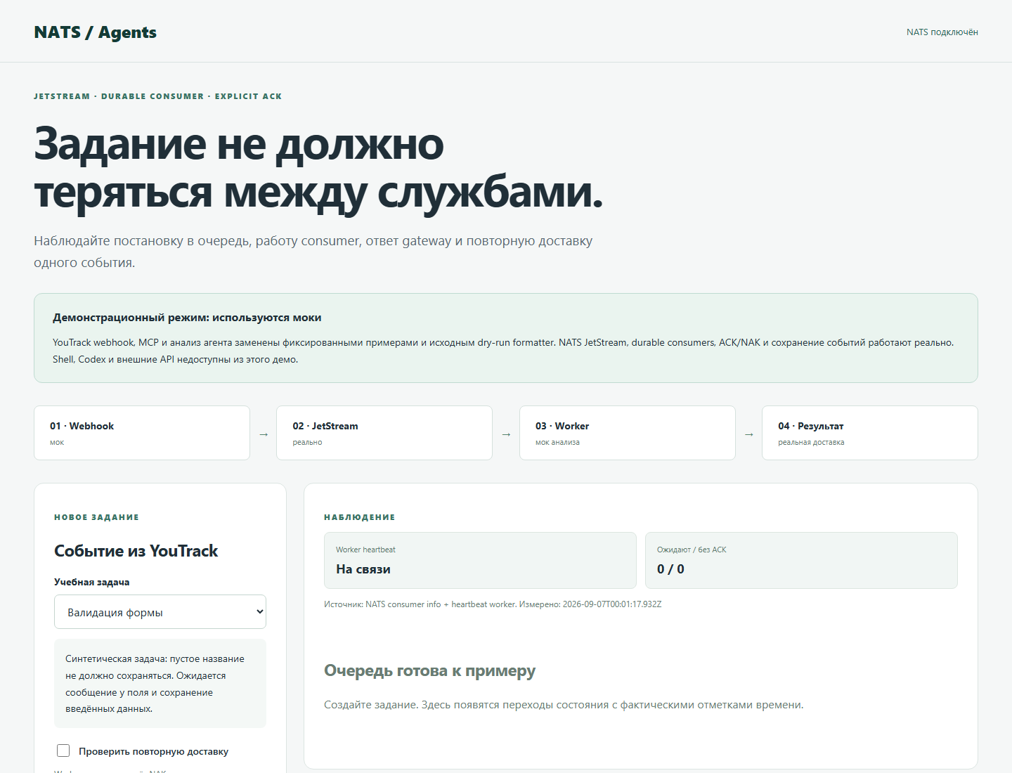 Назначение очереди и границы реальных/моковых компонентов