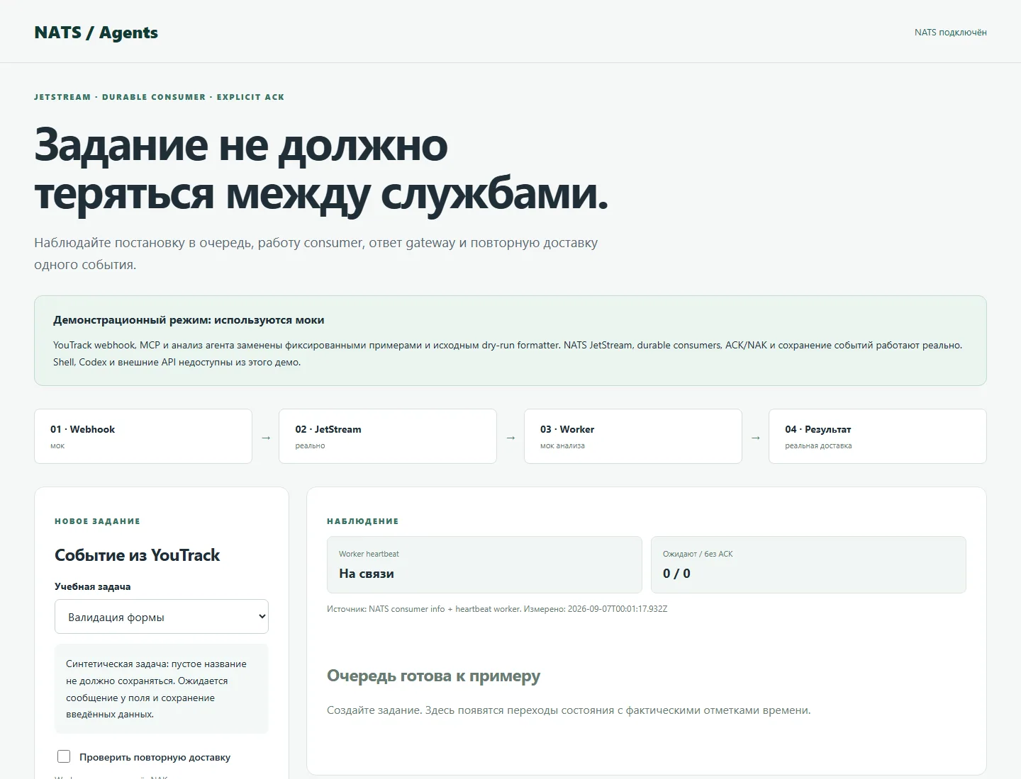 Назначение очереди и границы реальных/моковых компонентов