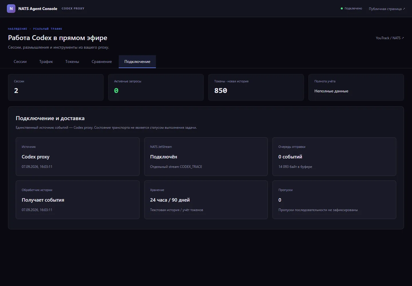Archived screenshot of the previous version: The Connection screen reports proxy, NATS, projector, cursor, outbox queue and any detected delivery gap.