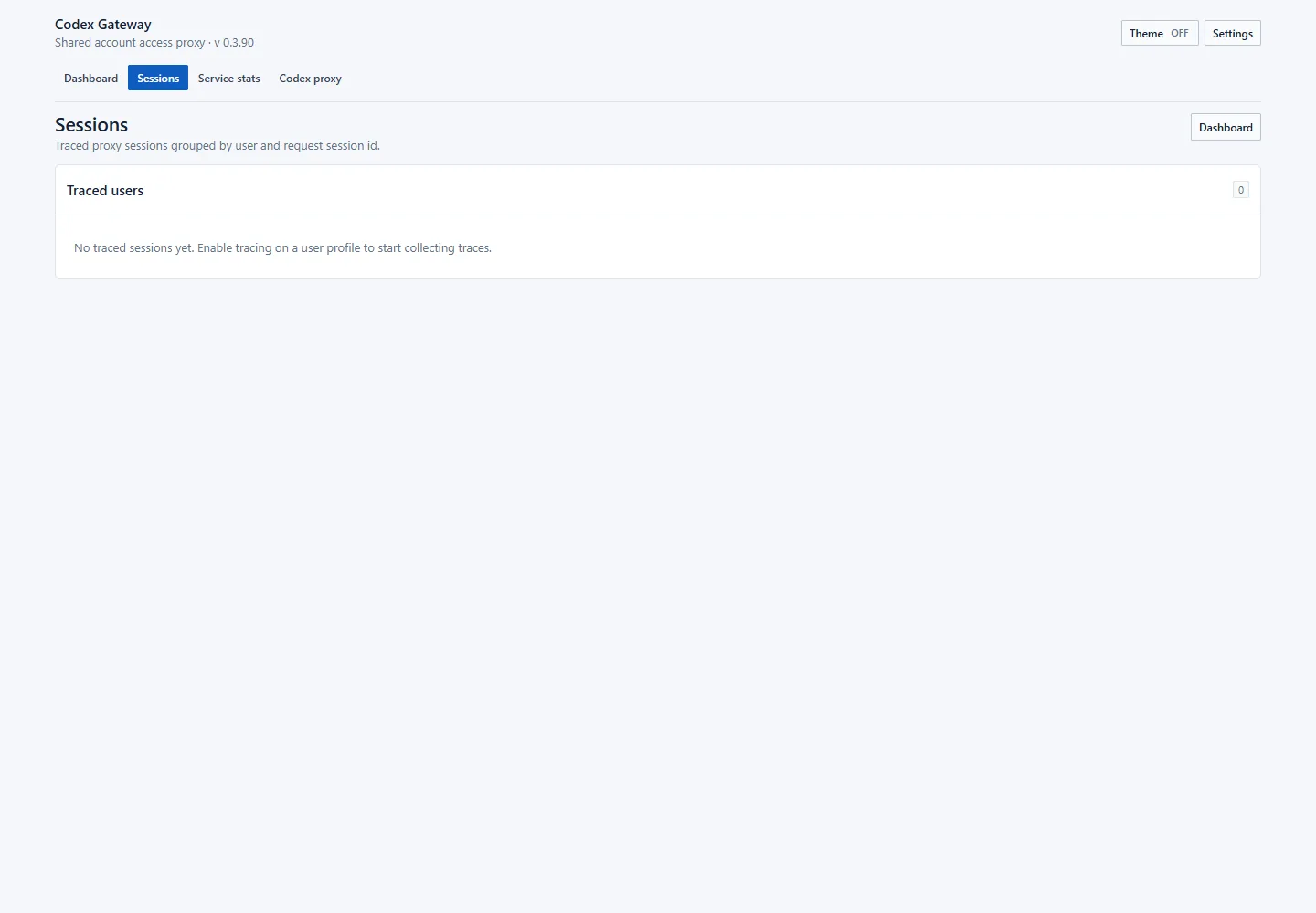 Sessions separates request tracing from aggregate statistics and explicitly shows that no trace records are stored.