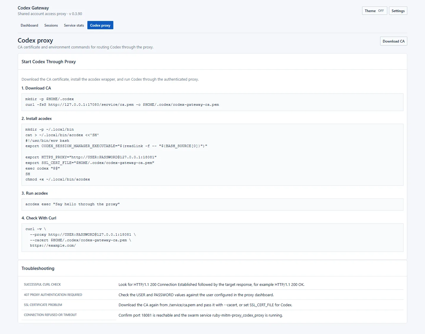 Built-in documentation describes selective TLS inspection and the HTTP, SSE and WebSocket paths.