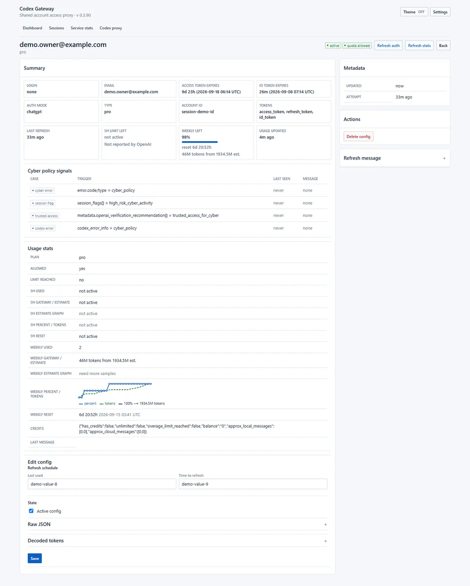 Configuration detail shows access lifecycle and diagnostic states; account and configuration values are replaced in the screenshot.